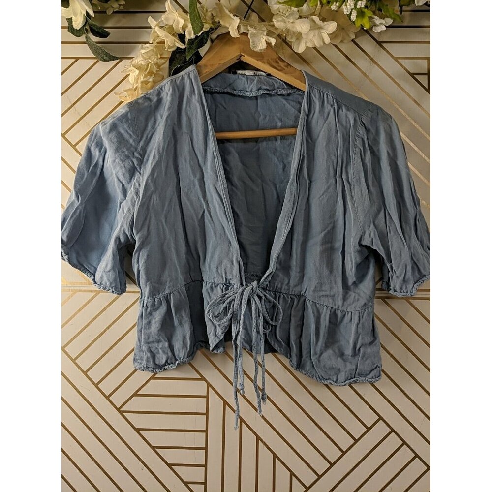 BRANDY MELVILLE Women's Blue Tie Front Short Sleeve Ruffle Top Size XS/S - Picture 2 of 5